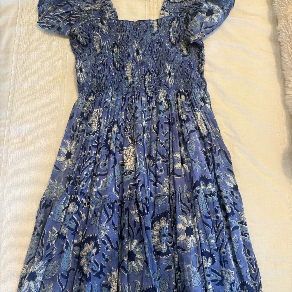 Blue Cap Sleeve Mini Sundress with Square Neck